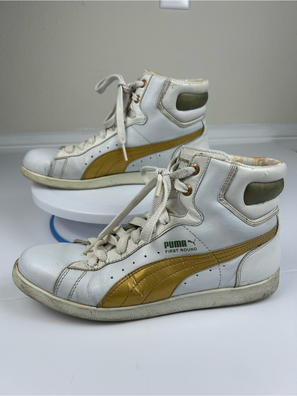 FINAL SALE Puma First Round High Top Sneakers Women's 7.5 White Gold Leather Vtg